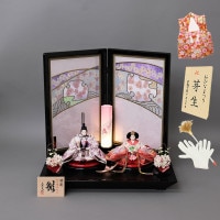 雛人形 三五親王 うるはし雛 パステルカラー 押し花ステンドグラス屏風 横幅70cm