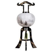 盆提灯 本金千年松手描蒔絵 墨山水 絹二重 13号W 39x99cm 極厚24mm 九谷焼風鎮付 ワンタッチ仕様 7営業日以内に発送 1/15より順次発送