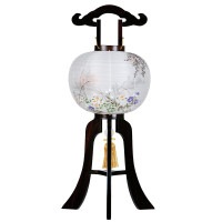 盆提灯 置き提灯 銘木工芸行灯 楽々行灯 極太黒檀 11号 40W 絹二重絵 書き絵 菊萩に三重塔 極太 楽々式 黒檀突板材 ●7営業日で発送／家紋・名入の場合+10日間 1/15より順次発送
