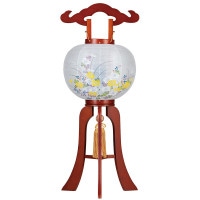 盆提灯 置き提灯 銘木工芸行灯 姫あんどん 華のケヤキ 9号 20W 紙張 菊 天然木 完成筒 青 花 ●7営業日で発送／家紋・名入の場合+10日間 1/15より順次発送