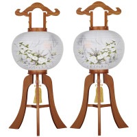 盆提灯 置き提灯 対柄行灯 華の極太ケヤキ 対柄 12号40W 絹二重絵 書き絵 菊萩山水 極太 天然木 ●7営業日で発送／家紋・名入の場合+10日間 1/15より順次発送