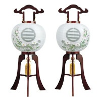 盆提灯 対柄 家紋行灯 本桜 対柄 亀印 40W 絹 紋二重 書き絵 芙蓉に菊 天然木 ●7営業日で発送／家紋・名入の場合+10日間 1/15より順次発送