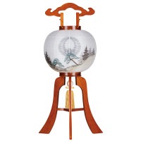 盆提灯 家紋用行灯 亀印 11号 ケヤキ 40W 絹 紋二重 書き絵 松山水 天然木 ●7営業日で発送／家紋・名入の場合+10日間 1/15より順次発送