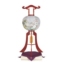 盆提灯 置き提灯 銘木工芸行灯 尺七 特大 ケヤキ 40W 絹二重絵 書き絵 圭龍山水 天然木 桐箱 ふくさ付 ●7営業日で発送／家紋・名入の場合+10日間 1/15より順次発送