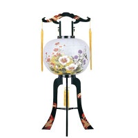 盆提灯 置き提灯 回転行灯 朝陽 12号 40W 紙張 芙蓉にコスモス プラスチック 完成筒 青 水玉 ●7営業日で発送／家紋・名入の場合+10日間 1/15より順次発送