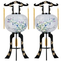 盆提灯 置き提灯 回転行灯 花風 対柄 40W 紙張 菊桔梗 プラスチック 完成筒 青 水玉 ●7営業日で発送／家紋・名入の場合+10日間 1/15より順次発送