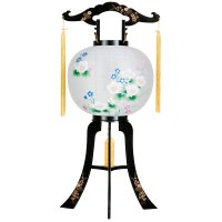 盆提灯 置き提灯 回転行灯 ゆかり 40W 紙張 芙蓉に桔梗撫子 プラスチック 完成筒 紫 小玉 ●7営業日で発送／家紋・名入の場合+10日間 1/15より順次発送