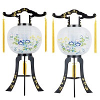 盆提灯 置き提灯 回転行灯 花車 対柄 40W 紙張 鉄仙 プラスチック 完成筒 青 水玉 ●7営業日で発送／家紋・名入の場合+10日間 1/15より順次発送