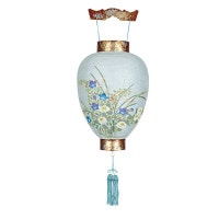 盆提灯 吊り提灯 御所提灯 木製御所 天上 菊縮緬 LED 紙張 廻し絵 菊桔梗 天然木 ●7営業日で発送／家紋・名入の場合+10日間 1/15より順次発送