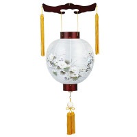 盆提灯 吊り提灯 コードレス 銘木御殿丸 御殿丸 10号 桜 LED 絹張 書き絵 芙蓉 桜突板材 ●7営業日で発送／家紋・名入の場合+10日間 1/15より順次発送