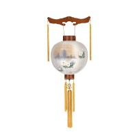 盆提灯 吊り提灯 銘木御殿丸 ケヤキ 特三丸 40W 絹二重絵 書き絵 芙蓉に三重塔 ケヤキ突板材 ●7営業日で発送／家紋・名入の場合+10日間 1/15より順次発送