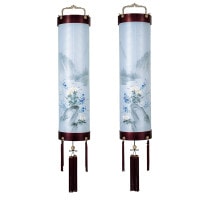 盆提灯 吊り提灯 銘木住吉 桜 花山水 対柄 9番 40W 絹二重絵 書き絵 岩に乱菊山水 桜突板合板材 対箱入 ●7営業日で発送／家紋・名入の場合+10日間 1/15より順次発送