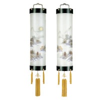 盆提灯 吊り提灯 銘木住吉 本塗山水屏風絵 本塗 対柄 10番 40W 絹二重絵 書き絵 山水 合板材 対箱入 ●7営業日で発送／家紋・名入の場合+10日間 1/15より順次発送