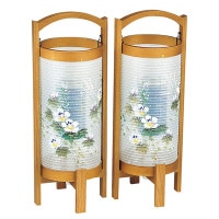 盆提灯 置き提灯 回転 みやび 5号 対入 25W 絹張 書き絵 かすみ芙蓉 天然木 完成筒 青 水玉 ●7営業日で発送／家紋・名入の場合+10日間 1/15より順次発送