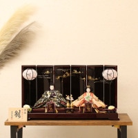 雛人形 新古今雛 正絹帯お衣裳 大三五親王飾り 溜塗り屏風 横幅72cm