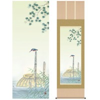 掛け軸 床の間 モダン 和風 尺五 花鳥掛軸 夏掛 翡翠 井川 洋光 幸洋会 約54.5cm 190cm 洛彩緞子本表装 筋廻仕様 10年間保証 収納箱 防虫香 風鎮 付き 複製画 1/15以降順次発送