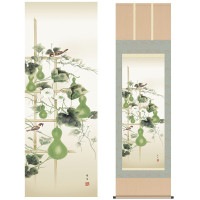 掛け軸 床の間 モダン 和風 尺五 花鳥掛軸 夏掛 六瓢 北山 歩生 三美会 約54.5cm 190cm 洛彩緞子本表装 10年間保証 収納箱 防虫香 風鎮 付き 1/15以降順次発送