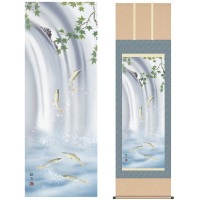 掛け軸 床の間 モダン 和風 尺五 花鳥掛軸 夏掛 楓に鮎 森山 観月 三美会 約54.5cm 190cm 洛彩緞子本表装 10年間保証 収納箱 防虫香 風鎮 付き 1/15以降順次発送