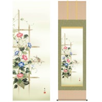 掛け軸 床の間 モダン 和風 尺五 花鳥掛軸 夏掛 朝顔 緒方 葉水 清瀧会 約54.5cm 190cm 洛彩緞子本表装 10年間保証 収納箱 防虫香 風鎮 付き 1/15以降順次発送