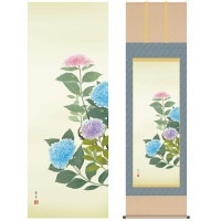 掛け軸 床の間 モダン 和風 尺五 花鳥掛軸 夏掛 紫陽花 北山 歩生 三美会 約54.5cm 190cm 洛彩緞子本表装 筋廻仕様 10年間保証 収納箱 防虫香 風鎮 付き 1/15以降順次発送