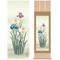 掛け軸 床の間 モダン 和風 尺五 花鳥掛軸 夏掛 菖蒲 園田 峰彩 清瀧会 約54.5cm 190cm 洛彩緞子本表装 10年間保証 収納箱 防虫香 風鎮 付き 1/15以降順次発送