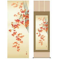 掛け軸 床の間 モダン 和風 尺五 花鳥掛軸 秋掛 紅葉に小鳥 田村 竹世 三美会 約54.5cm 190cm 正絹二丁本表装 10年間保証 収納箱 防虫香 風鎮 付き 1/15以降順次発送
