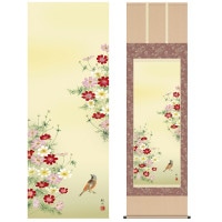 掛け軸 床の間 モダン 和風 尺五 花鳥掛軸 秋掛 秋桜 浮田 秋水 草夕会 約54.5cm 190cm 洛彩緞子本表装 筋廻仕様 10年間保証 収納箱 防虫香 風鎮 付き 複製画 1/15以降順次発送