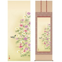 掛け軸 床の間 モダン 和風 尺五 花鳥掛軸 秋掛 秋桜 浮田 秋水 草夕会 約54.5cm 190cm 洛彩緞子本表装 10年間保証 収納箱 防虫香 風鎮 付き 1/15以降順次発送