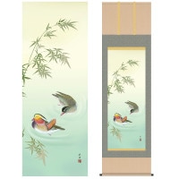 掛け軸 床の間 モダン 和風 尺五 花鳥掛軸 四季花鳥 四季彩選 冬 鴛鴦 田村 竹世 三美会 約54.5cm 190cm 洛彩緞子本表装 10年間保証 収納箱 防虫香 風鎮 付き 1/15以降順次発送