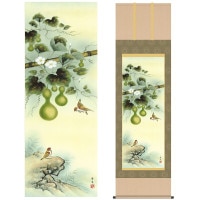 掛け軸 床の間 モダン 和風 尺五 花鳥掛軸 夏掛 六瓢 北山 歩生 三美会 約54.5cm 190cm 洛彩緞子本表装 筋廻仕様 10年間保証 収納箱 防虫香 風鎮 付き 複製画 1/15以降順次発送
