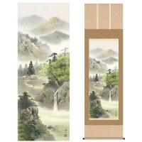 掛け軸 床の間 モダン 和風 尺五 山水画掛軸 彩色山水 緑風水明 伊藤 渓山 三美会 約54.5cm 190cm 洛彩緞子本表装 10年間保証 収納箱 防虫香 風鎮 付き 複製画 1/15以降順次発送