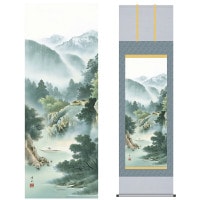 掛け軸 床の間 モダン 和風 尺五 山水画掛軸 彩色山水 深緑渓谷 佐伯 峰水 洛友会 約54.5cm 190cm 洛彩緞子本表装 10年間保証 収納箱 防虫香 風鎮 付き 複製画 1/15以降順次発送