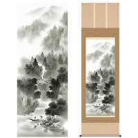 掛け軸 床の間 モダン 和風 尺五 山水画掛軸 水墨山水 悠景山水 伊藤 渓山 三美会 約54.5cm 190cm 洛彩緞子本表装 10年間保証 収納箱 防虫香 風鎮 付き 複製画 1/15以降順次発送