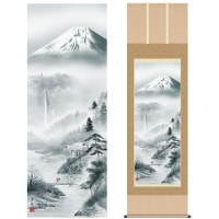 掛け軸 床の間 モダン 和風 尺五 山水画掛軸 富士山水 霊峰水明 戸塚 翠漣 白翠会 約54.5cm 190cm 洛彩緞子本表装 筋廻仕様 10年間保証 収納箱 防虫香 風鎮 付き 1/15以降順次発送