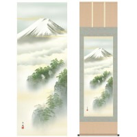 掛け軸 床の間 モダン 和風 尺五 山水画掛軸 富士山水 黎明富士 熊谷 千風 草夕会 約54.5cm 190cm 洛彩緞子本表装 筋廻仕様 10年間保証 収納箱 防虫香 風鎮 付き 1/15以降順次発送