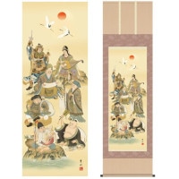 掛け軸 床の間 モダン 和風 尺五 縁起画掛軸 七福神 緒方 葉水 清瀧会 約54.5cm 190cm 洛彩緞子本表装 筋廻仕様 10年間保証 収納箱 防虫香 風鎮 付き 複製画 1/15以降順次発送