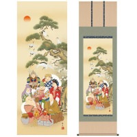 掛け軸 床の間 モダン 和風 尺五 縁起画掛軸 七福神 緒方 葉水 清瀧会 約54.5cm 190cm 洛彩緞子本表装 10年間保証 収納箱 防虫香 風鎮 付き 1/15以降順次発送