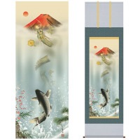 掛け軸 床の間 モダン 和風 尺五 開運画掛軸 霊峰昇鯉登竜門 石田 芳園三美会 約54.5cm 190cm洛彩緞子本表装 10年間保証 収納箱 防虫香 風鎮 付き 1/15以降順次発送