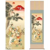 掛け軸 床の間 モダン 和風 尺五 開運画掛軸 吉祥七福満願図 鵜飼 雄平 竹翠会 約54.5cm 190cm 洛彩緞子本表装 10年間保証 収納箱 防虫香 風鎮 付き 1/15以降順次発送