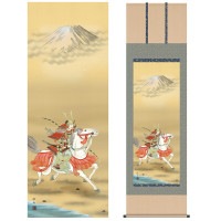 掛け軸 床の間 モダン 和風 尺五 端午の節句 白馬武者 長江 桂舟 三美会 約54.5cm 190cm 洛彩緞子本表装 10年間保証 収納箱 防虫香 風鎮 付き 複製画 1/15以降順次発送