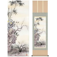 掛け軸 床の間 モダン 和風 尺三 花鳥掛軸 年中掛け 春夏秋冬 四君子 北山 歩生 三美会 約44.5 164cm 洛彩緞子本表装 10年間保証   収納箱 防虫香 風鎮 付き 1/15以降順次発送