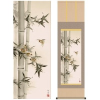 掛け軸 床の間 モダン 和風 尺三 花鳥掛軸 年中掛け 春夏秋冬 竹に雀 田村 竹世 三美会 約44.5 164cm 洛彩緞子本表装 10年間保証   収納箱 防虫香 風鎮 付き 1/15以降順次発送