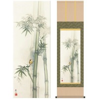 掛け軸 床の間 モダン 和風 尺三 花鳥掛軸 年中掛け 春夏秋冬 竹に雀 浮田 秋水 草夕会 約44.5 164cm 洛彩緞子本表装 10年間保証   収納箱 防虫香 風鎮 付き 1/15以降順次発送
