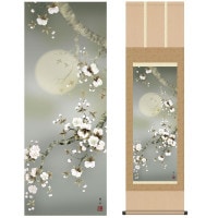 掛け軸 床の間 モダン 和風 尺三 花鳥掛軸 春掛 夜桜 緒方 葉水 清瀧会 約44.5 164cm 洛彩緞子本表装 10年間保証   収納箱 防虫香 風鎮 付き 1/15以降順次発送
