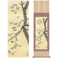 掛け軸 床の間 モダン 和風 尺三 花鳥掛軸 春掛 桜花 長江 桂舟 三美会 約44.5 164cm 洛彩緞子本表装 10年間保証   収納箱 防虫香 風鎮 付き 1/15以降順次発送