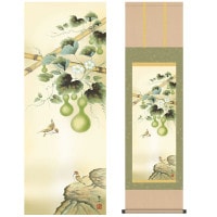 掛け軸 床の間 モダン 和風 尺三 花鳥掛軸 夏掛 六瓢 唐沢 碧山 草夕会 約44.5 164cm 洛彩緞子本表装 10年間保証   収納箱 防虫香 風鎮 付き 1/15以降順次発送