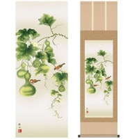 掛け軸 床の間 モダン 和風 尺三 花鳥掛軸 夏掛 六瓢 浮田 秋水 草夕会 約44.5 164cm 洛彩緞子本表装 10年間保証   収納箱 防虫香 風鎮 付き 1/15以降順次発送