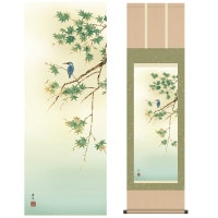 掛け軸 床の間 モダン 和風 尺三 花鳥掛軸 夏掛 翡翠 西尾 香悦 三美会 約44.5 164cm 洛彩緞子本表装 10年間保証   収納箱 防虫香 風鎮 付き 1/15以降順次発送