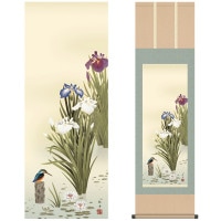 掛け軸 床の間 モダン 和風 尺三 花鳥掛軸 四季花鳥 四季薫風 夏 菖蒲 長江 桂舟 三美会 約44.5 164cm 洛彩緞子本表装 10年間保証   収納箱 防虫香 風鎮 付き 1/15以降順次発送