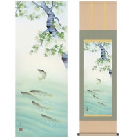 掛け軸 床の間 モダン 和風 尺三 花鳥掛軸 夏掛 楓に鮎 長江 桂舟 三美会 約44.5 164cm 洛彩緞子本表装 10年間保証   収納箱 防虫香 風鎮 付き 1/15以降順次発送